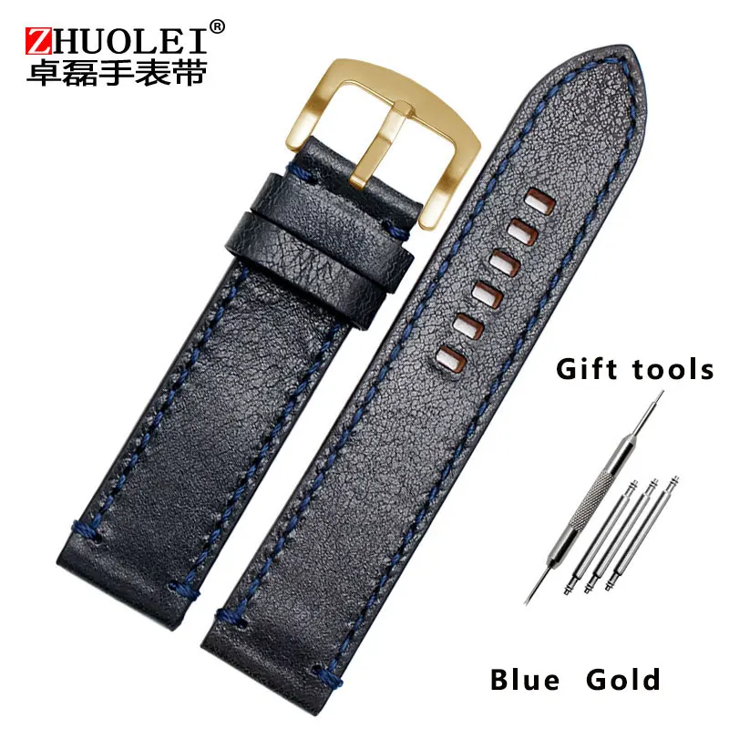 High-quality leather watch belt Qicheng Biwan small safflower small black shield retro series for men's watch 22m watch chain - Цвет ремешка: Blue  gold buckle
