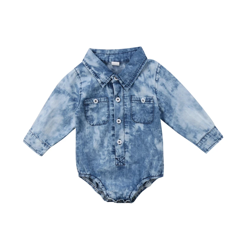 

Newborn Infant Baby Boys Girl Pockets Long Sleeve Bodysuit Jumpsuit Clothing Toddler Kids Summer Denim Sunsuit Bodysuits Clothes