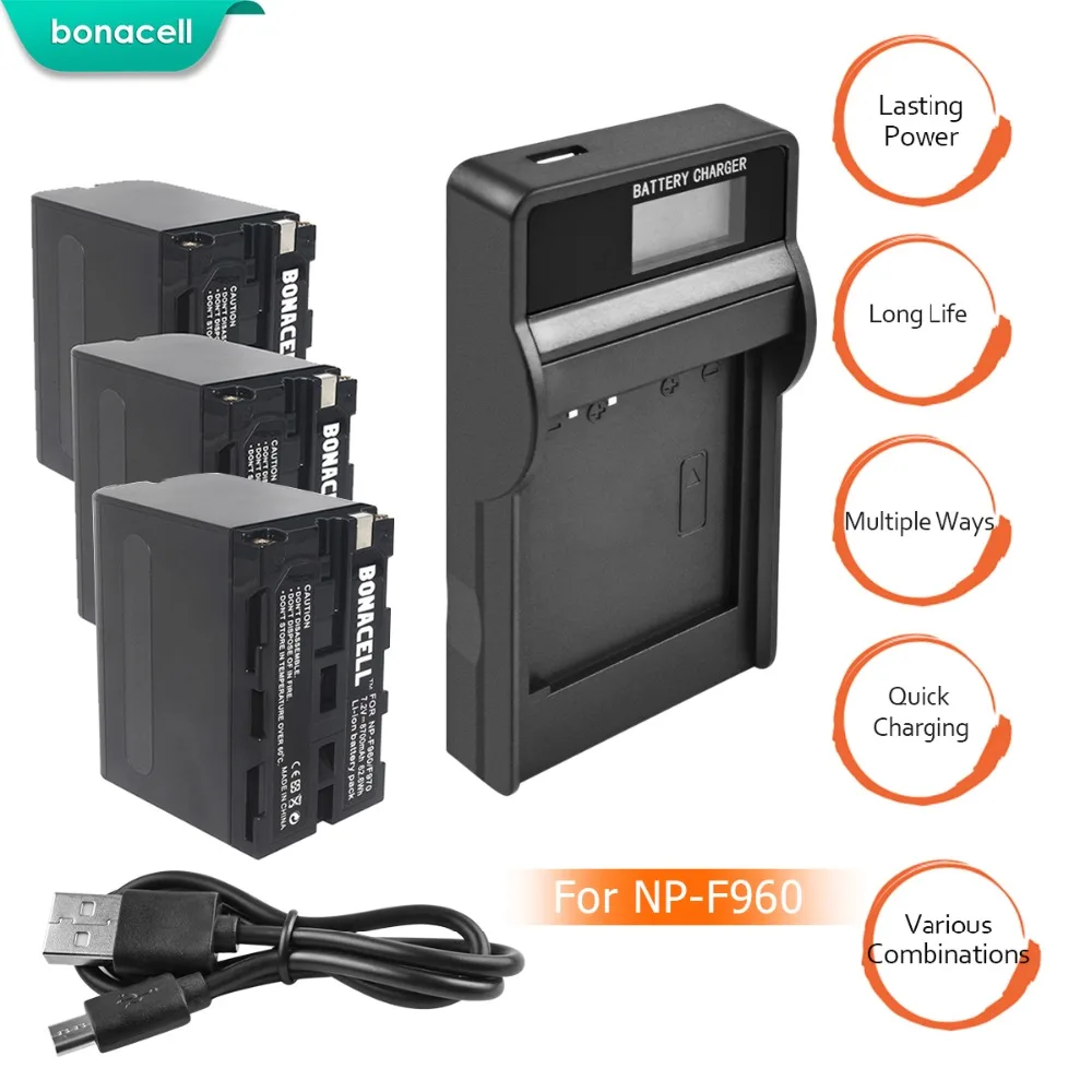 

bonacell 3pcs 8.7Ah Batteries + LCD Charger for Sony NP-F975 NP-F970 NP-F960 NP-F950 NP-F770 NEX-FS100U NEX-FS700U DCR-SC100