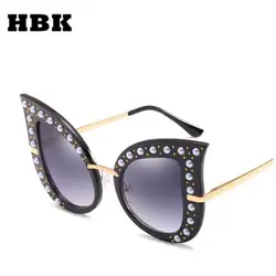 HBK Сексуальная жемчуг розовый черный зеленый заклепки негабаритных Cat Eye оттенки 2018 Роскошные кошачий глаз солнцезащитные очки для Для