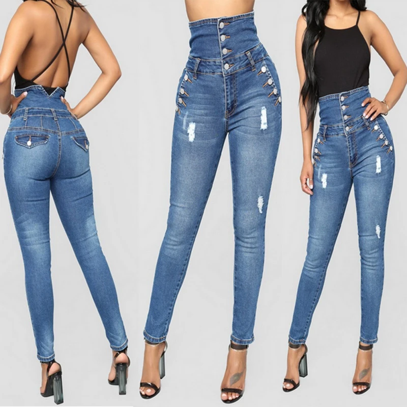 Puimentiua, женские джинсовые брюки с высокой талией, женские рваные эластичные Стрейчевые джинсы на пуговицах, размер плюс