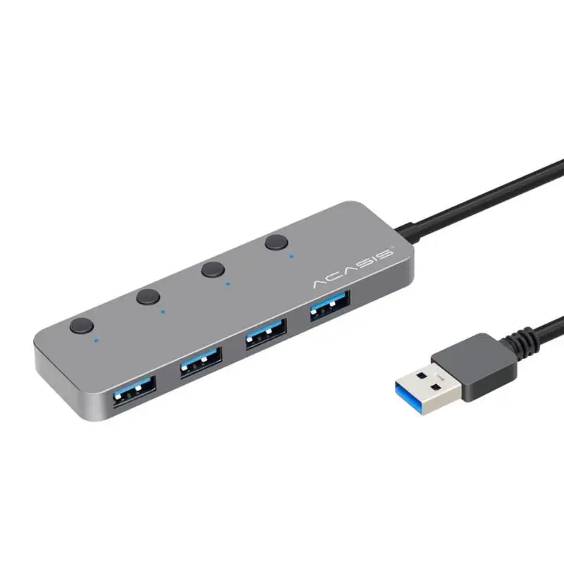 Acasis HS-080S 4 порта USB 3,0 концентратор Алюминиевый сплав 20 см 100-200Mbps сплиттер адаптер с самостоятельным переключателем для ПК компьютера - Цвет: Серый