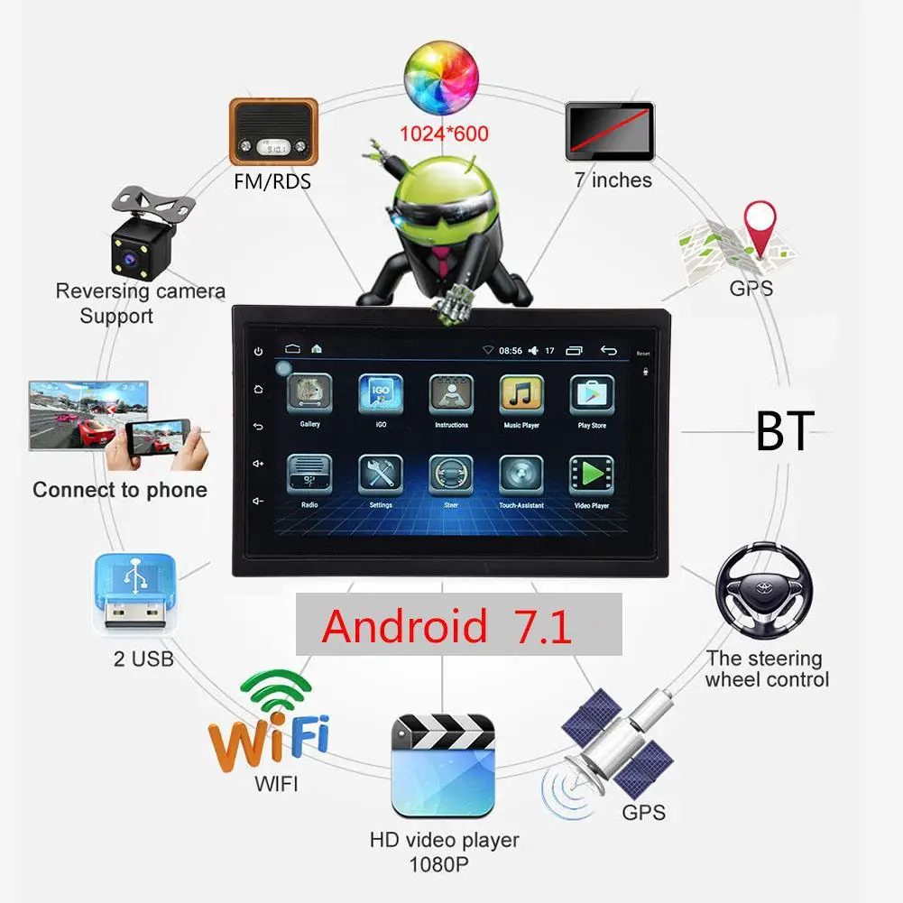 

7inch 2DIN Android 7.1 Car Multimedia Player GPS Navigator HD Reversing Audio Video FM RDS Radio Player Bluetooth Freely Call