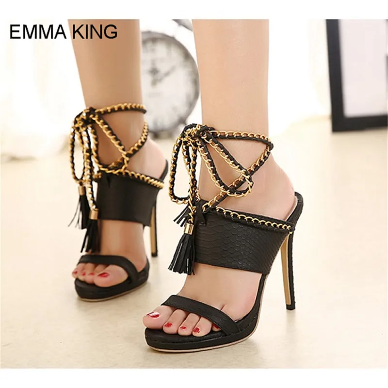 

EMMA KING High Heels Women Slipper Fashion Cross Tied Ankle Chain Fringe Mujer Sandals Round Toe Snake PU Vamp Shoes For Party