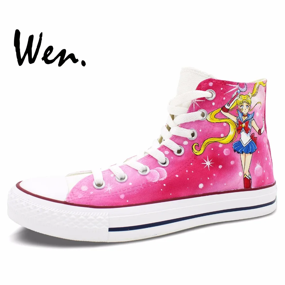 Вэнь розовый Аниме ручная роспись кроссовки дизайн на заказ Сейлор Мун для женщин и мужчин высокие холщовые туфли специально для женщин девочек