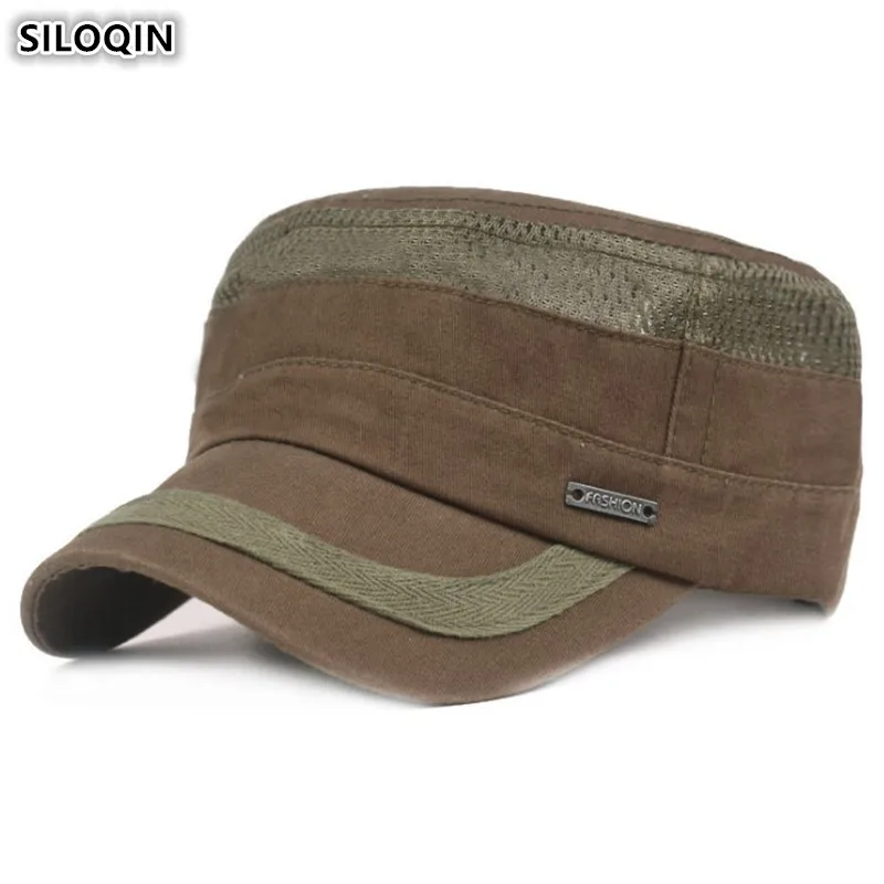 

SILOQIN Men's Flat Cap Summer Breathable Mesh Caps Army Military Hats Snapback Cap Adjustable Size Cotton Ventilation Sports Cap