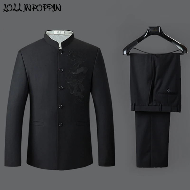 Дракон вышивка Для мужчин китайский Стиль воротник-стойка костюмы куртка и штаны Для мужчин s черный туника костюм