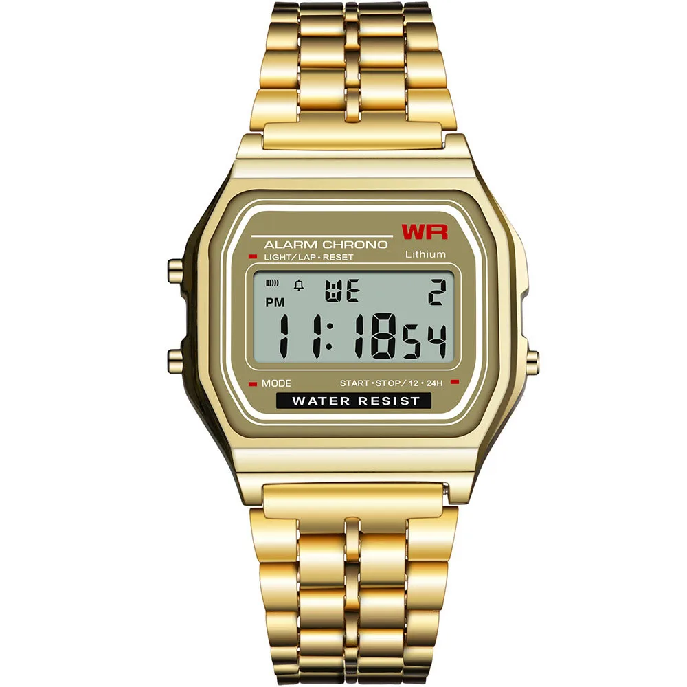 

Vintage Gold Sports Watch Men Women Electronic Square Waterproof Multi-Function Luminous Alarm Clock Steel Belt relogio feminino