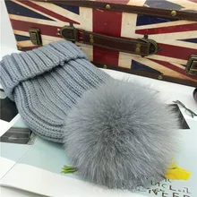 Зимние теплые детские помпоны из лисьего меха вязаная шапка для женщин девочек Полосатые волосы мяч свернутые Skullies Gorros на зиму