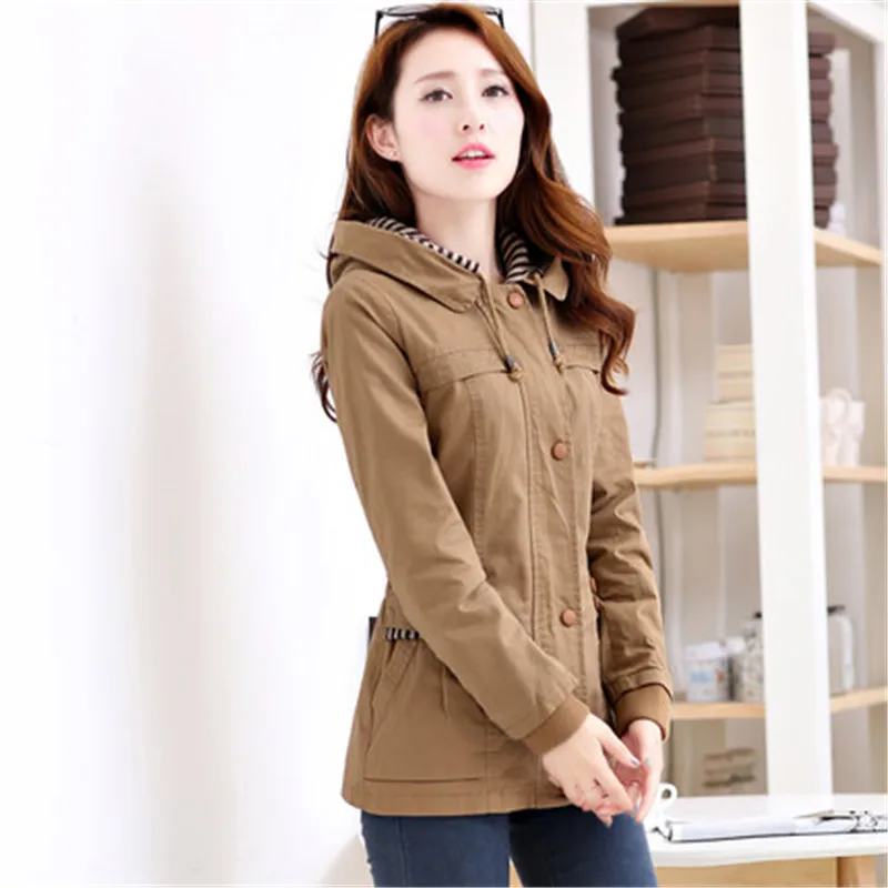 

Women Trench Coats 2019 Spring Autumn Outerwear Long Sleeve Hooded Windbreaker Slim Big Size Casual Tops Female Basic Coat N639