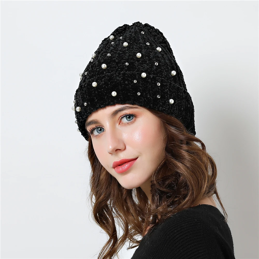 

women's winter hat Chenille Knitted hats beanie adult skullies Double layer Keep warm Beanies black white caps