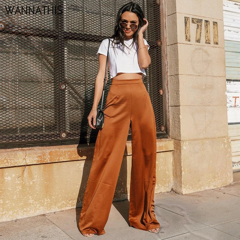 

WannaThis Satin Silk Floor Pants Flare Casual High Waist Elegant Solid Summer Spring 2019 Women Streetwear Loose Trousers Female