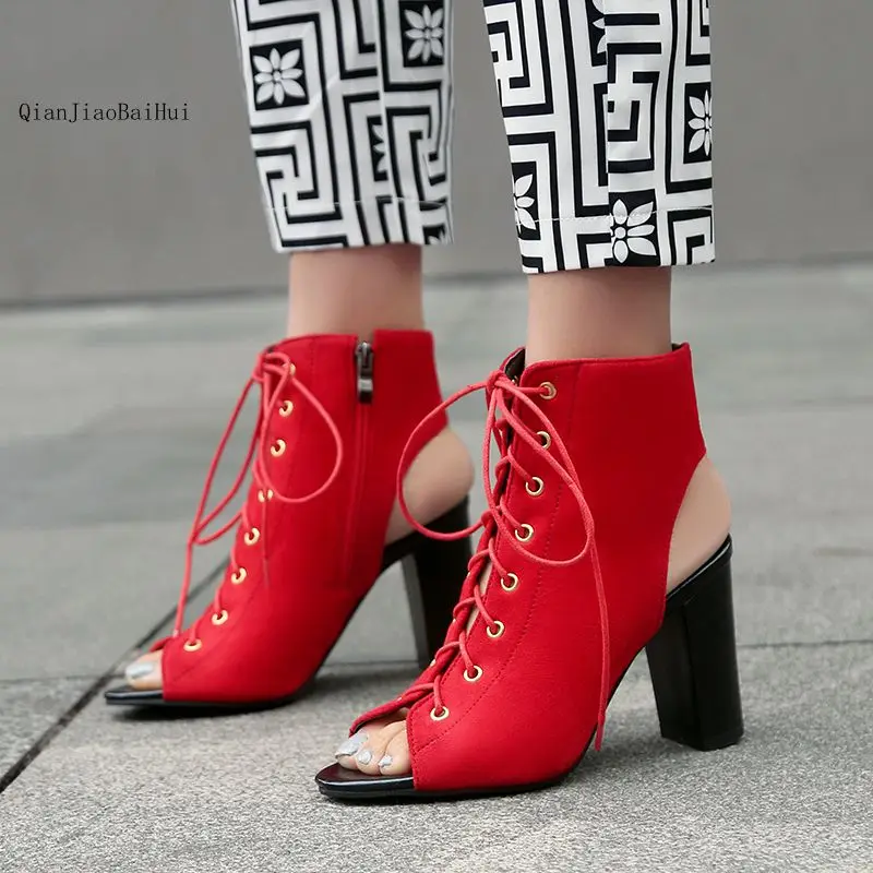 

Faux Suede Boots Sexy Peep Toe Lace-up Square Heel Ankle Boots Female High Heels Wedding Party Booties Summer Women Shoes Heels