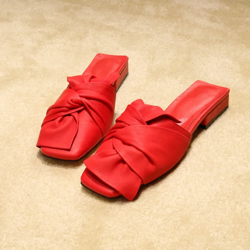 

Woman Slipper Square Toe Low Heel Summer Beach Shoes Bow Tie Embellished Shoes Woman Chic Leather Solid Runway Slides Handmade