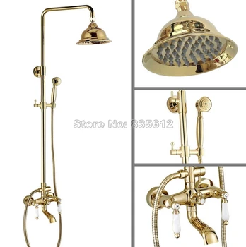 

Luxury Gold Color Brass Rain Shower Faucet Set W/ Handheld Shower Bathroom Wall Mounted Dual Handles Bathtub Mixer Tap Wgf366