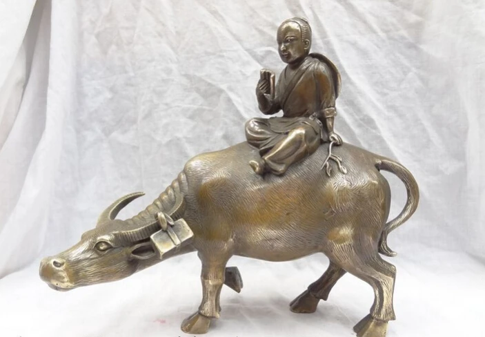 

S3127 12" Chinese Bronze Copper Corydon Cowboy Kid Child Ride Bull Ox Statue Sculpture D0317