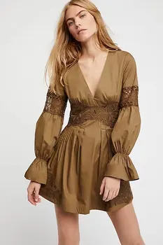 

2020 Women's New Retro Style Holiday Dress Flare Sleeve V-neck Summer Lace Dress Empire Cotton Mini Dress A-line Chic Vestidos