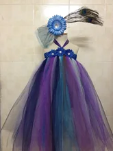 Little Girls Peacock Feather Long Tutu Dress Kids Fluffy Tulle Tutus Ball Gown with Flower Headband Children Party Dress Clothes