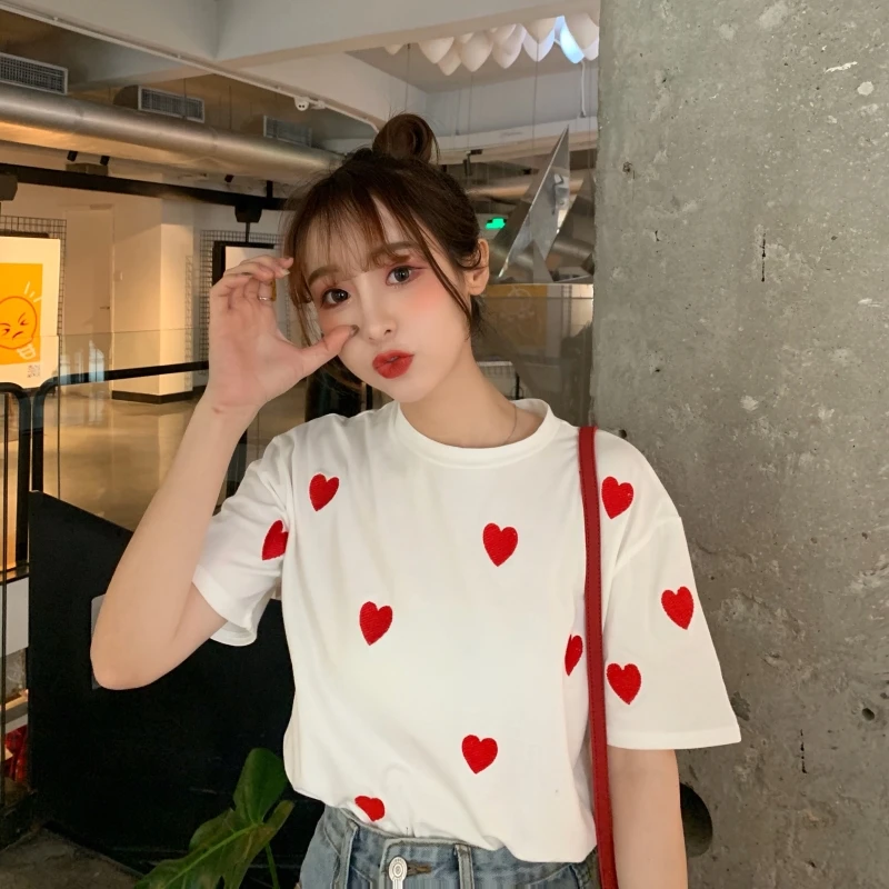 

2019 New Ins Fashion Cotton Casual Harajuku Love Printed Tops Tee Summer Female O-neck Short Sleeve T-shirt For Women Clothing