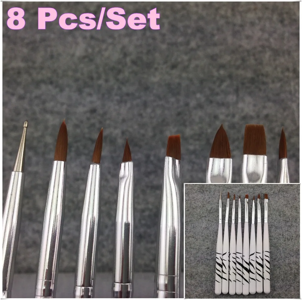 

1Set / 8Pcs Professional White UV Gel Pen Brush Nail Art Acrylic 8 Size Flat Brush Pen Dotting Draw Paint Tool Set+Free Shipping