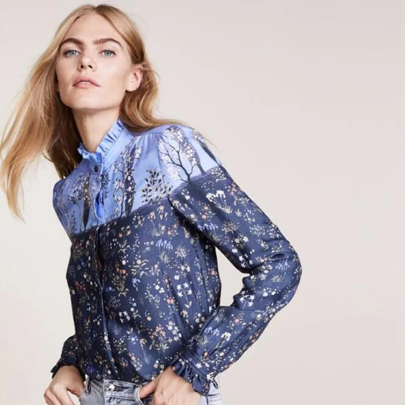Women Long Sleeve Muran Oil Painted Floral Print Shell