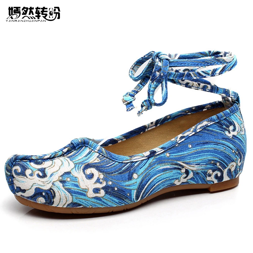 

Chinese Women Flats Blue Waves Embroidery Canvas Shoes Ankle Strap Soft Dance Drive Shoes Woman Zapatos Mujer Plus Size 41