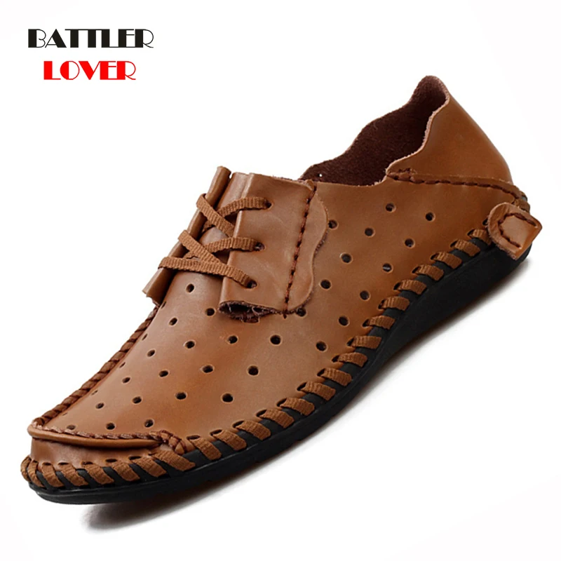 2019 Mens leather Shoes Fashion Summer Big Size 50 Hole Shoes Lace-Up Breathable Moccasins Men Casual Shoes Comfotable Zapatos