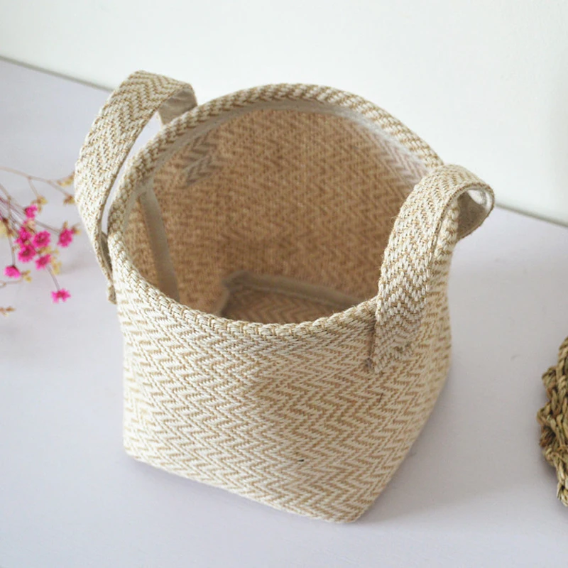 WCIC Folding Storage Basket Cotton Linen Handle Jute Basket Makeup Box Retro Style Hanging Bags Mini Desktop Storage Bag