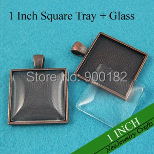 

1 Inch Antique Copper Square Pendant Trays, 25mm Pendant Bezel Settings + Clear Glass Cabochon (200 Trays + 200 Glass)