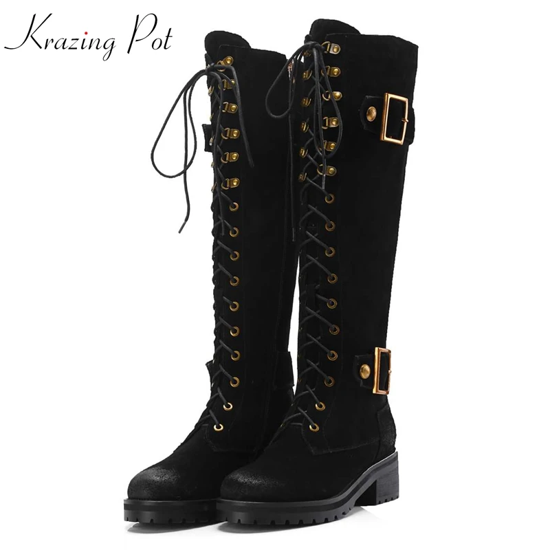 

Krazing Pot cow suede med heels round toe British school metal fastener Western boots complex craft riding thigh high boots Lrfn