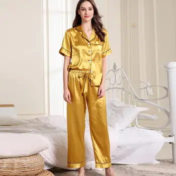 

Womens Silk Satin Pajamas Set Sleepwear Short Sleeve Top Long Pants Sleepwear Home Clothes Pijama Nightwear Sets pyjama femme