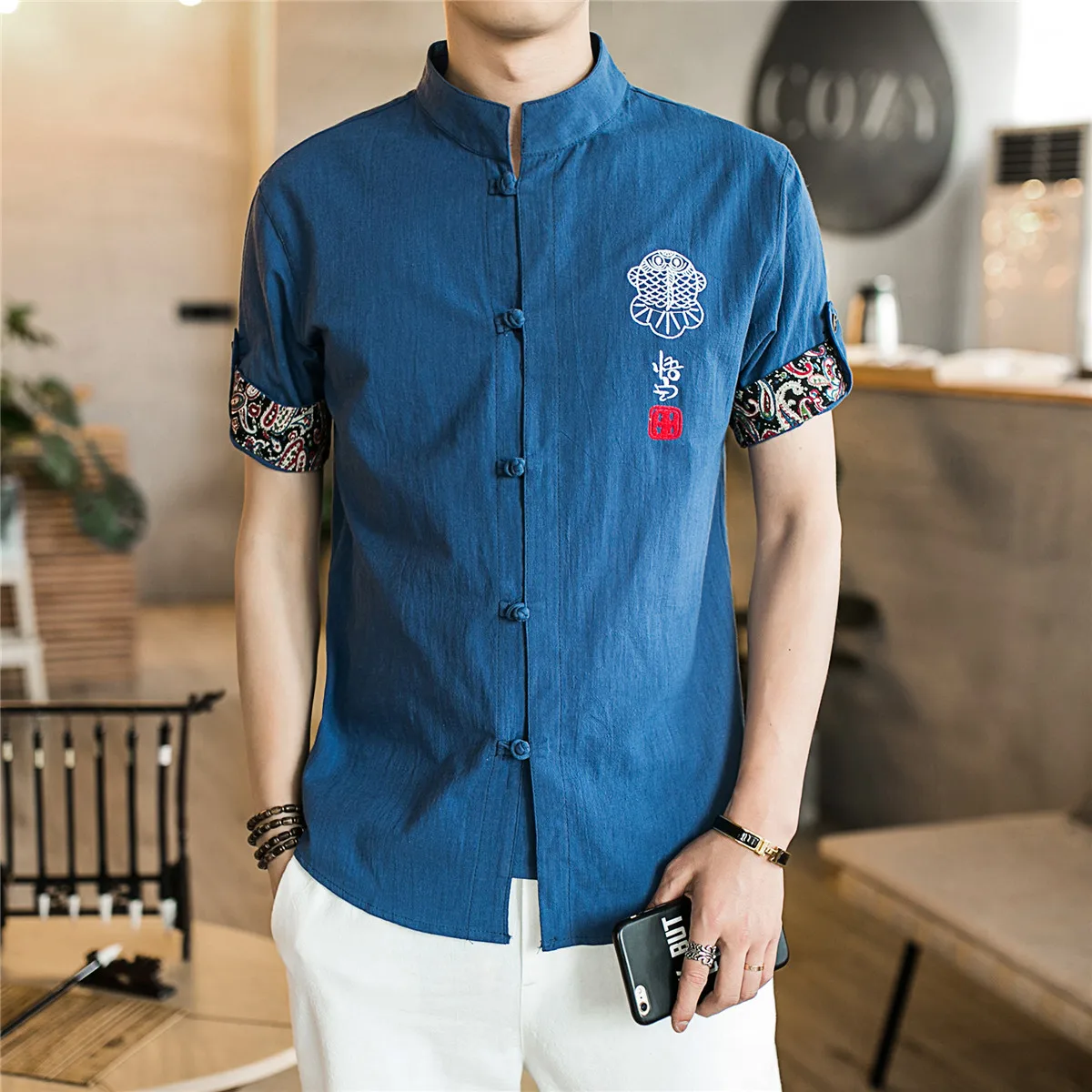 LEFT ROM 2018 Summer linen five point sleeves men's shirt button down