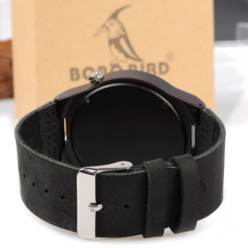 BOBO BIRD WB13 Ebony Wooden Watch Cool Lug on 4 O'Clock Wood Dial Face Leather Band Watches for Men