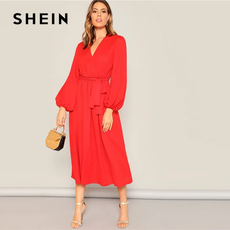 SHEIN Платье На Запах С Поясом, Оригинальным Рукавом И Глубоким V-образным Вырезом Одноцветное Платье Свободного Кроя