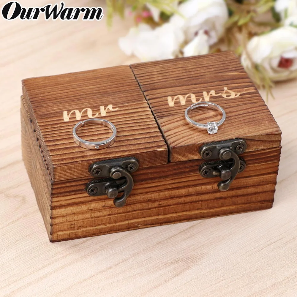 OurWarm Ring Box Holz Mr Mrs Hochzeit Ring Box Halter Holz Engagement Ring Box Rustikalen Hochzeit Decor 11x7x5 cm