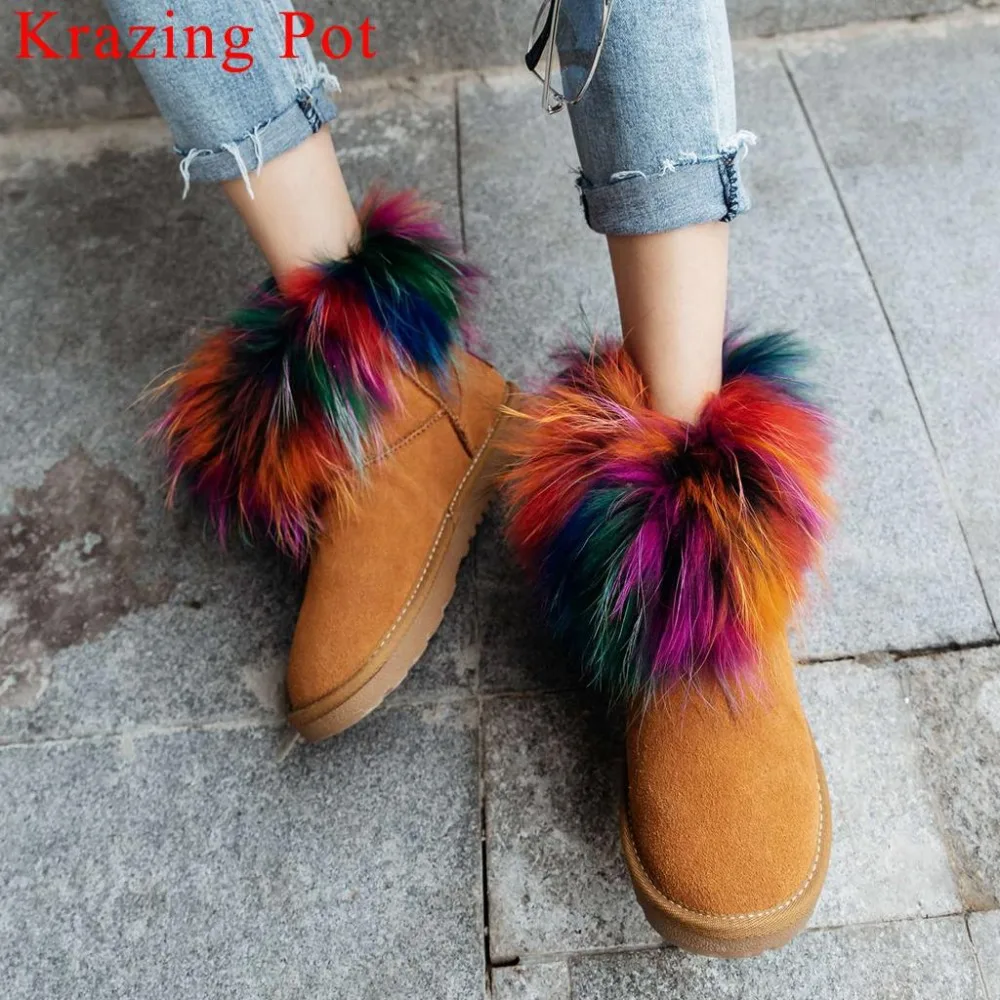 

European superstars cow suede colorful real fur decoration winter snow boots slip on pretty girls low bottom round toe boots L68