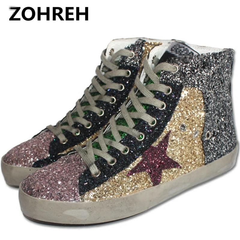 

ZOHREH 2018 Women Casual Shoes High Top Do Old Dirty Shoes Mixed Color Women Sequins Golden Star Goose Fleeces Shoes for Lady