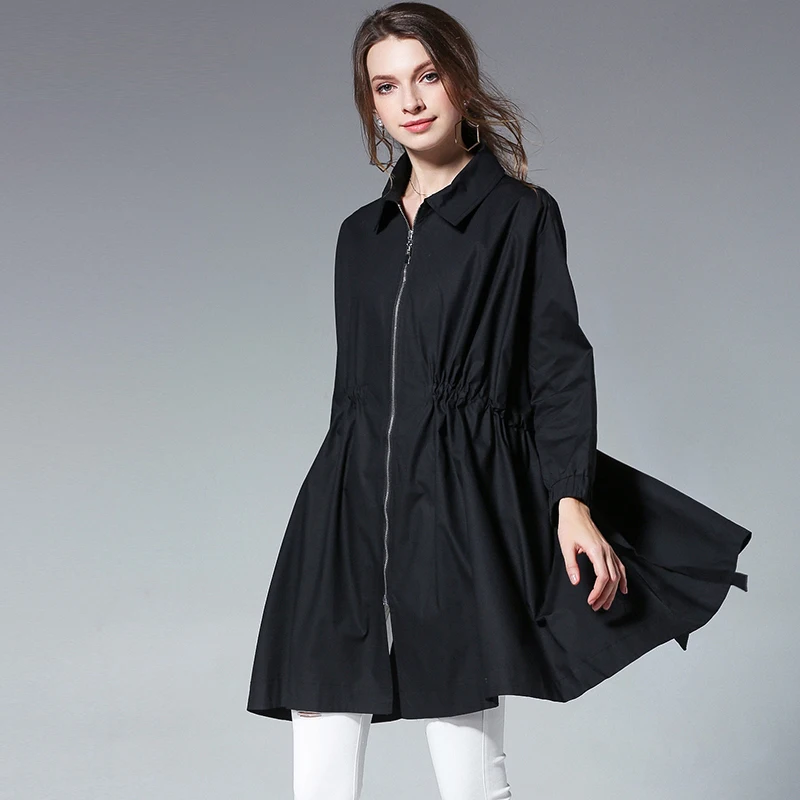 

Large size ladies' loose Draped drawstring thin zipper wind coat womens turn down collar plus size long sleeve Elegant coat