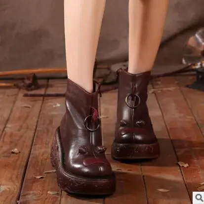 High Quality Front Zip Mid Calf Boots Vintage Style Genuine Leather Women Boots Flat Booties Soft