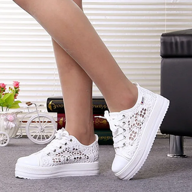 US $12.41 Sneakers Women Fashion Breathable Summer Platform Casual shoes Lace Leisure flat white canvas Women