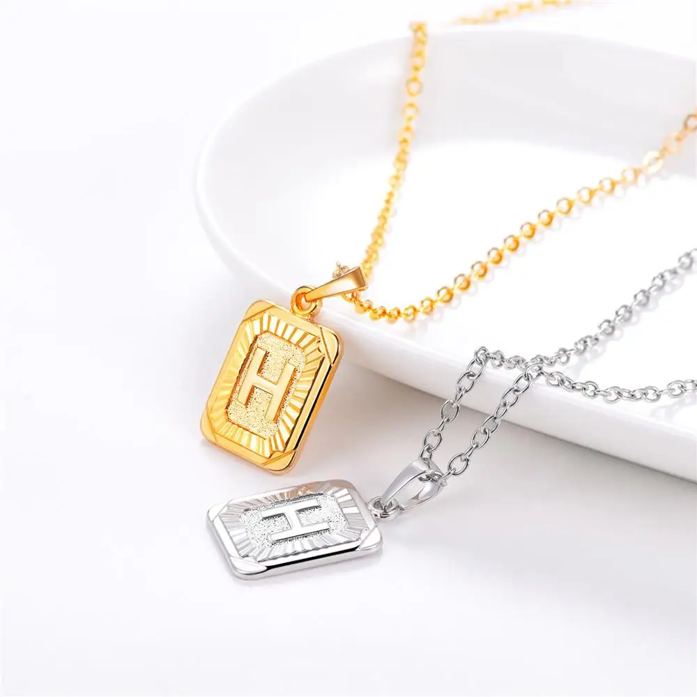 U7 Square Letters Necklaces Pendant Chain Necklace for Women Men English Initial Name Alphabet Jewelry Best Birthday Gifts P1196 - Окраска металла: H