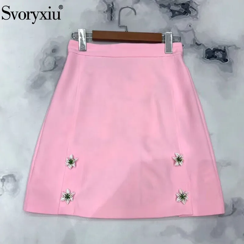 

Svoryxiu Runway lily Flower Series Pink A-Line Mini Skirt Women's luxury Custom Silk Print Lining Custom Double Breasted Skirt