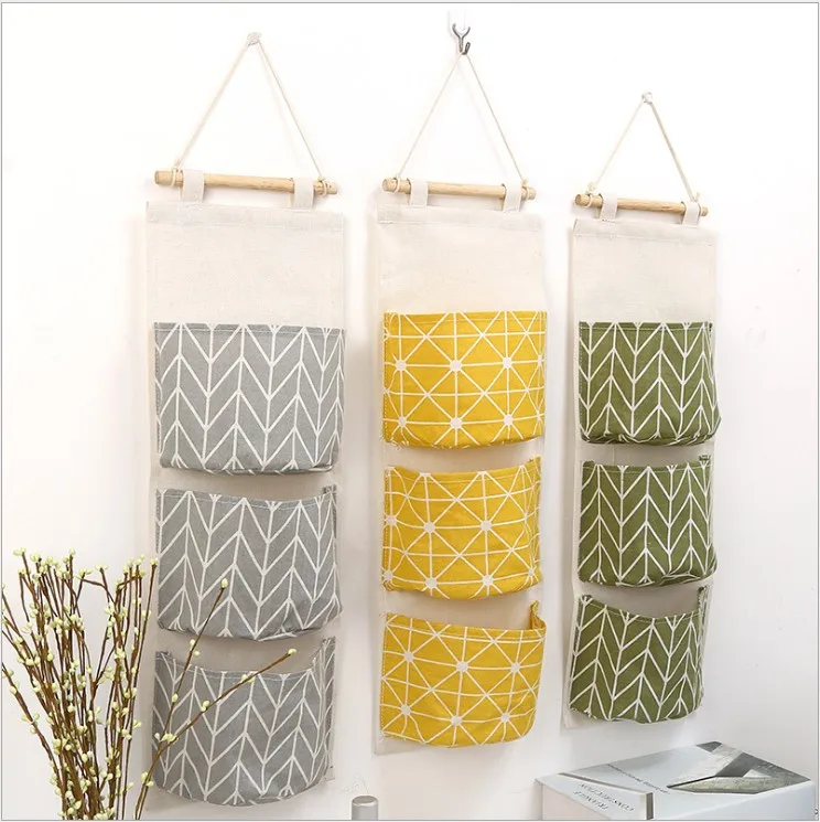 

Yellow Grey Wall Hanging Sundry Storage Bags 3 Pockets Line Cosmetic Makeup Jewelry Organizer Storage Box Housekeeping Basket