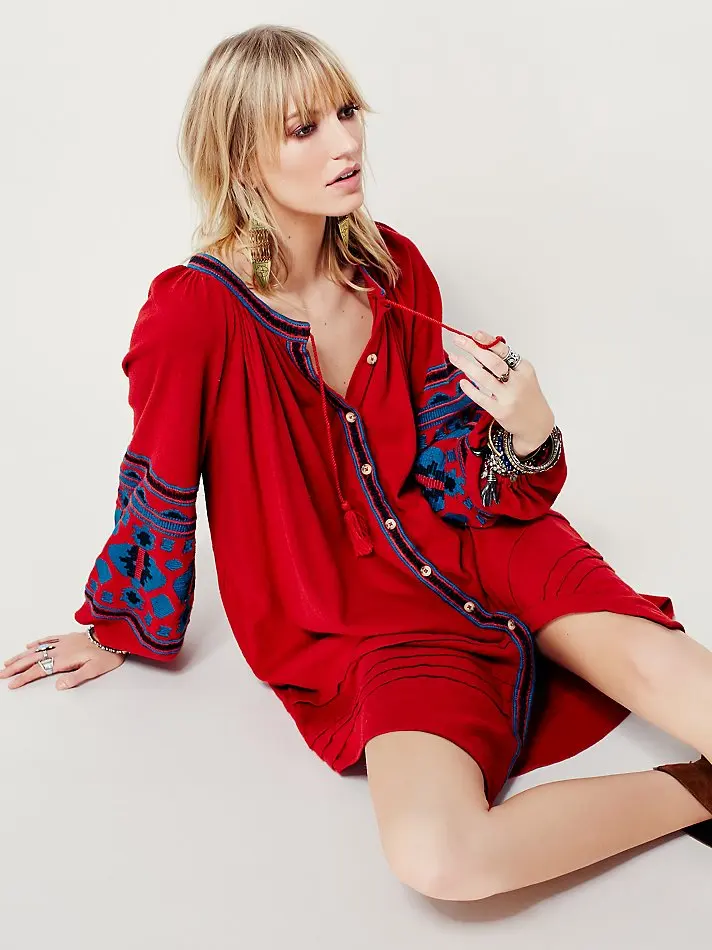 new autumn button o-neck cotton dress bohemian embroidery with button wide fit loose red leisure folk kaftans