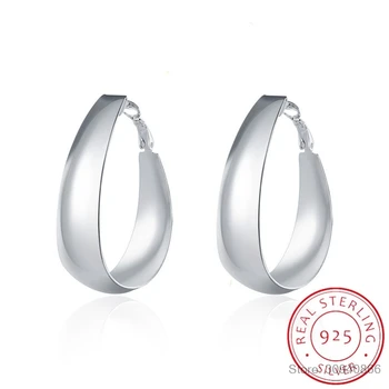 

European Style Big Earrings Real 925 sterling silver Loop earrings simple style Smooth Oval hoop earrings for women Fine Jewelry