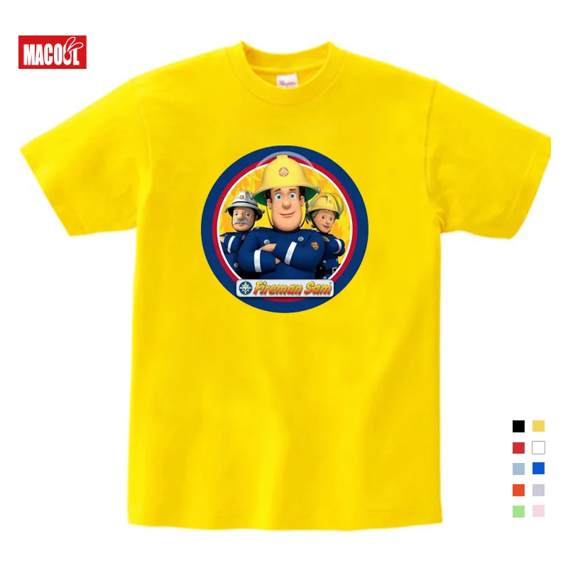 3T-9T Children Fireman Sam Pattern Print T-shirts Boy Short Sleeve T Shirt Girls Tee Tops Kids Summer Cotton White Shirt Clothes