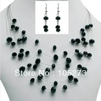 

Stunning Natural Crystal Jewelry Set Black Color Flat Crystal Beads Multi Wire Necklace Earrings 6-8mm 18'' Free Shipping