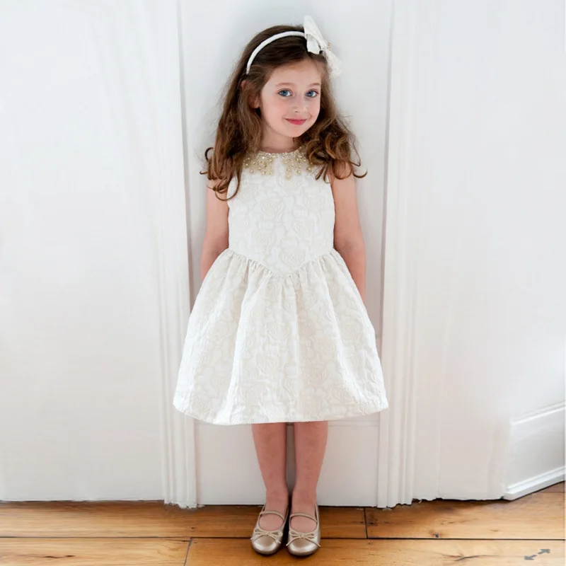 2016 new style summer baby girl dress white embossing sleeveless golden ...