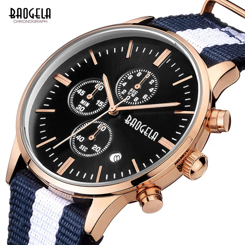 

BAOGELA Men's Canvas Chronograph Quartz Wrist Watches Casual Stop Watch for Man Clock Relogios Hours Masculino 1611-LBL-MH