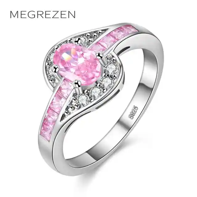 Megrezen Charms Silver Ring With Pink Stone For Wedding Costume Megrezen Charms Silver Ring With Pink Stone For Wedding Costume Jewelry Engagement Rings Dropshipping Bijou Fantaisie